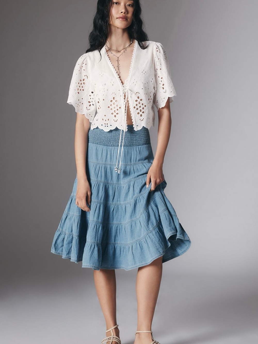 Reese Smocked Denim Pull-On Midi Skirt